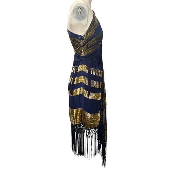 Alice McCall Dress 4 Akima Blue Gold Silk Fringe One Shoulder Party Cocktail - Picture 3 of 8